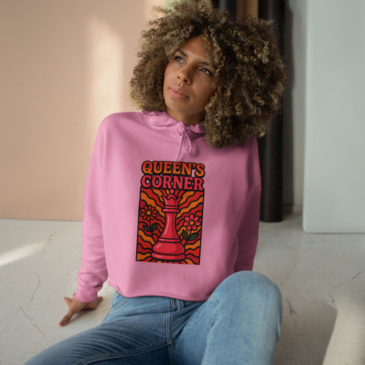 Queen's Corner Crop Hoodie - Colorful Floral Chess Design