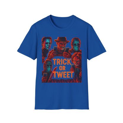 Trick or Tweet Unisex Softstyle T-Shirt, Halloween Tee, Funny Graphic Shirt, Costume Party Shirt, Fall Apparel, Spooky Style