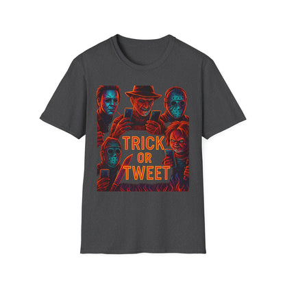 Trick or Tweet Unisex Softstyle T-Shirt, Halloween Tee, Funny Graphic Shirt, Costume Party Shirt, Fall Apparel, Spooky Style