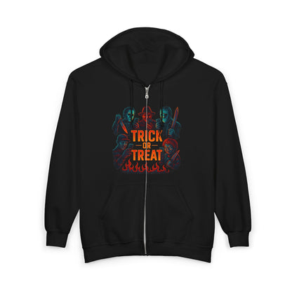 Trick or Treat Hooded Sweatshirt, Halloween Hoodie, Unisex Zip Up, Spooky Style, Fall Fashion, Cosplay Costume