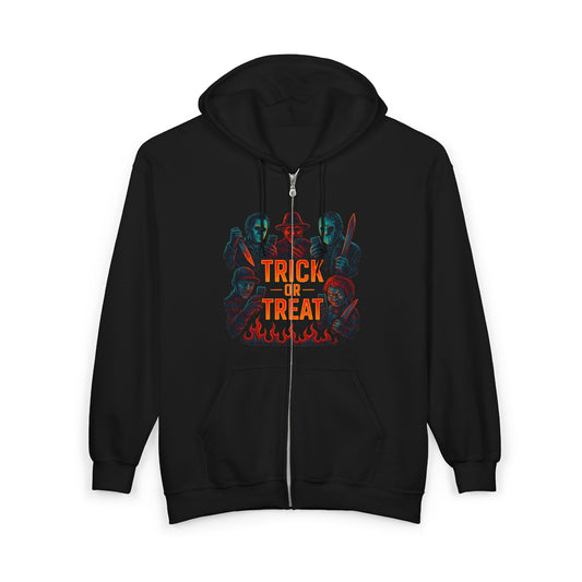 Trick or Treat Hooded Sweatshirt, Halloween Hoodie, Unisex Zip Up, Spooky Style, Fall Fashion, Cosplay Costume
