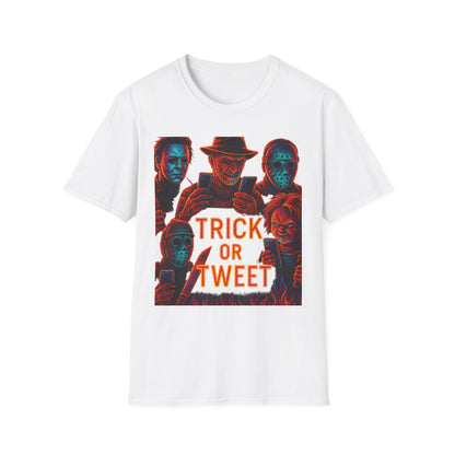 Trick or Tweet Unisex Softstyle T-Shirt, Halloween Tee, Funny Graphic Shirt, Costume Party Shirt, Fall Apparel, Spooky Style