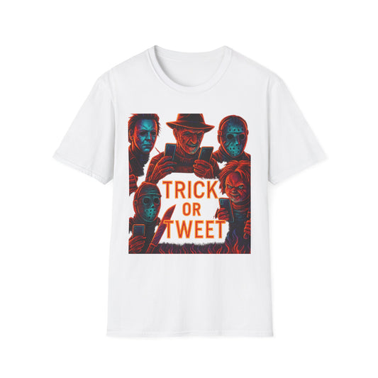 Trick or Tweet Unisex Softstyle T-Shirt, Halloween Tee, Funny Graphic Shirt, Costume Party Shirt, Fall Apparel, Spooky Style