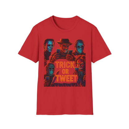 Trick or Tweet Unisex Softstyle T-Shirt, Halloween Tee, Funny Graphic Shirt, Costume Party Shirt, Fall Apparel, Spooky Style