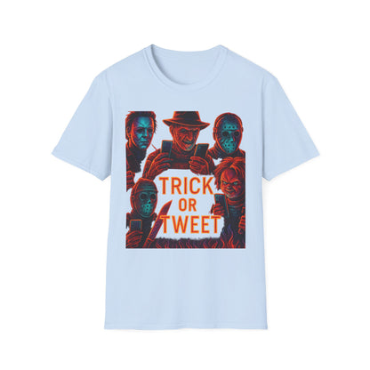 Trick or Tweet Unisex Softstyle T-Shirt, Halloween Tee, Funny Graphic Shirt, Costume Party Shirt, Fall Apparel, Spooky Style