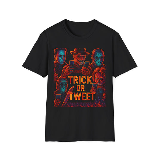 Trick or Tweet Unisex Softstyle T-Shirt, Halloween Tee, Funny Graphic Shirt, Costume Party Shirt, Fall Apparel, Spooky Style